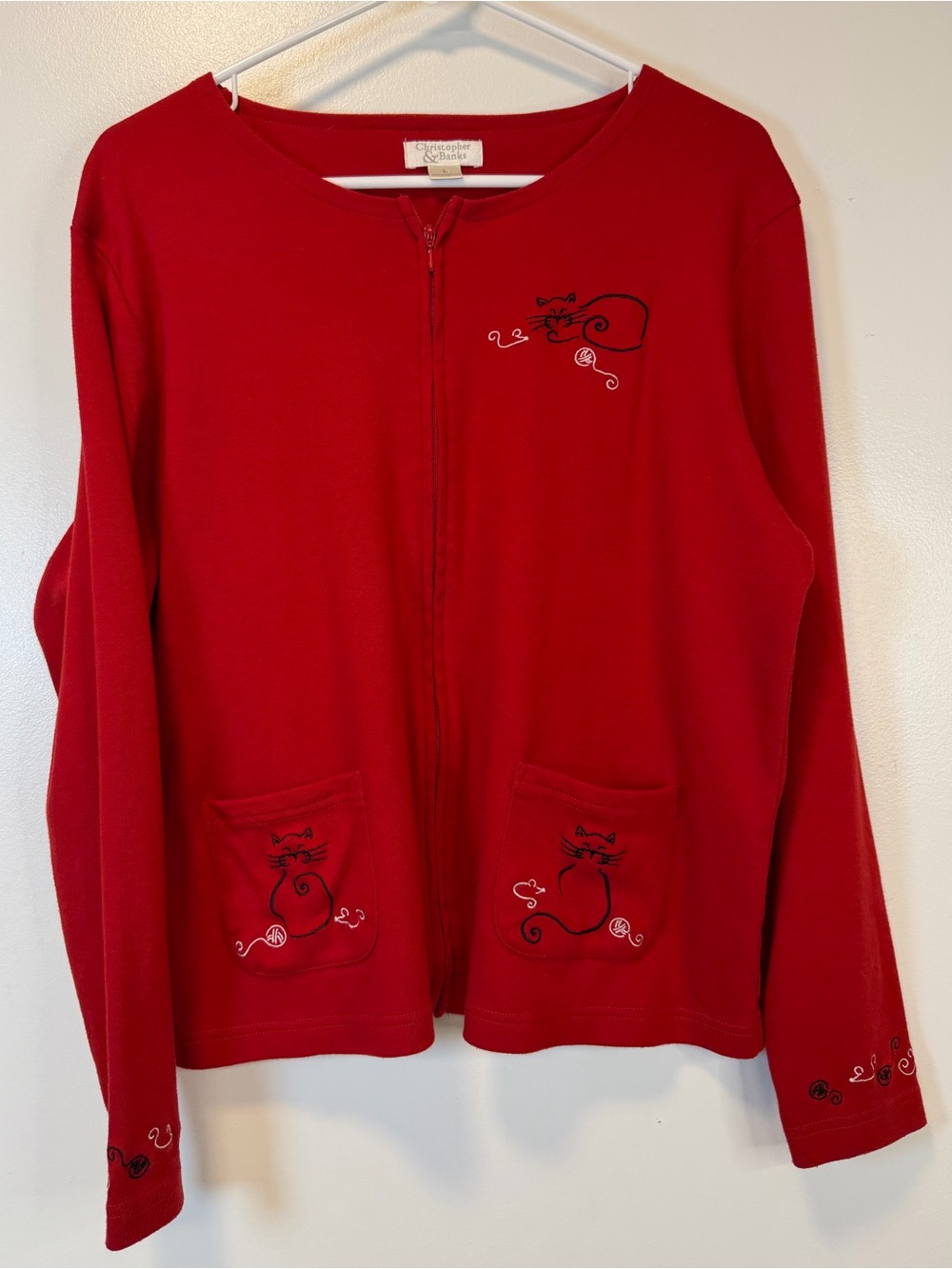 Christopher & Banks Red Zip Up Cardigan Whimsical Cat Embroidery Women’s Large